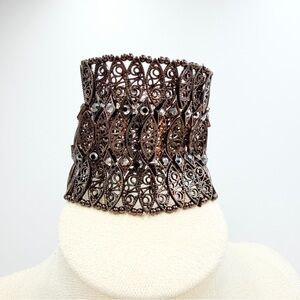 Wide Brown Filigree Stretch Bracelet Rhinestone Statement Cuff